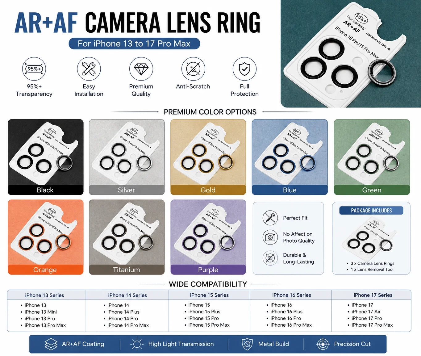 iPhone Camera Lens Ring Protector (13 to 17 Pro Max) – AR+AF Metal Camera Ring | Anti-Scratch Lens Protection | Neas Original