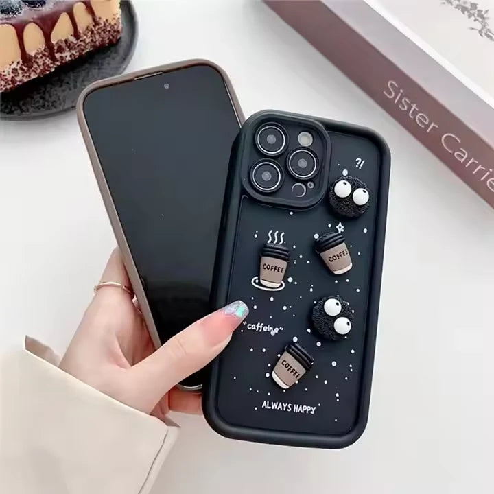 Cute Briquettes Coffee Cartoon Lens Camera Silicone Phone Case
