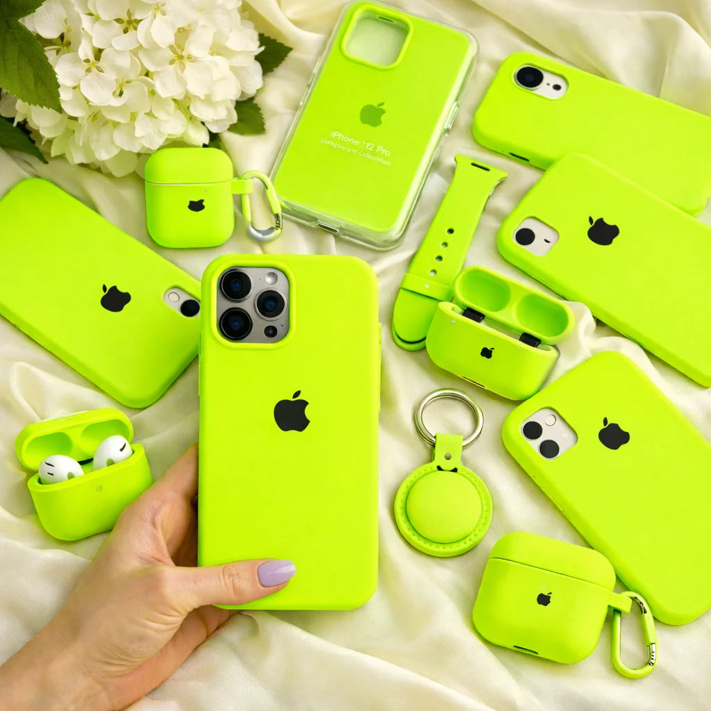Fluorescent green iPhone silicone case with black Apple logo – Neas Original