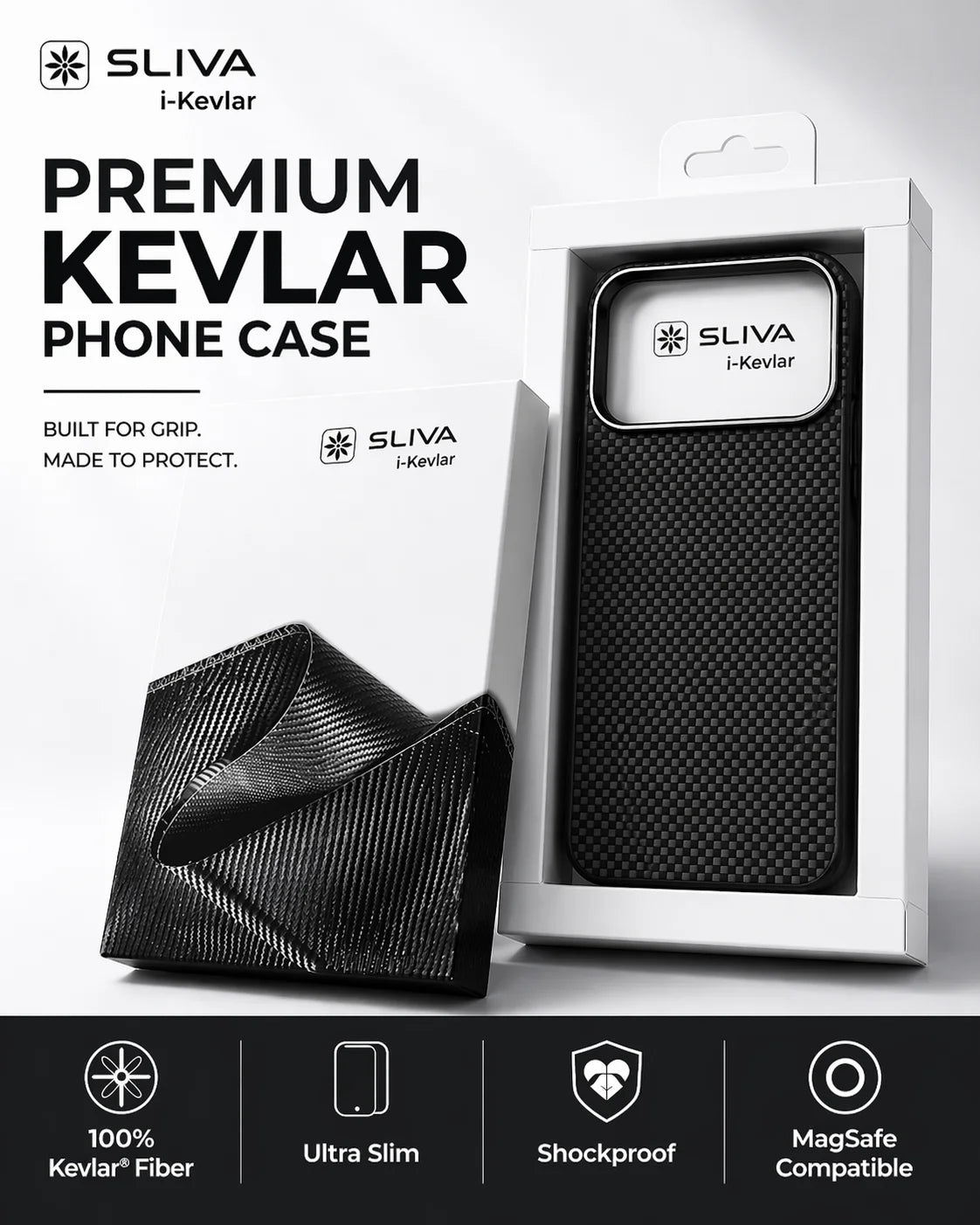 SLIVA i-Kevlar Carbon Fiber Case – Black for iPhone | Slim, Shockproof, MagSafe