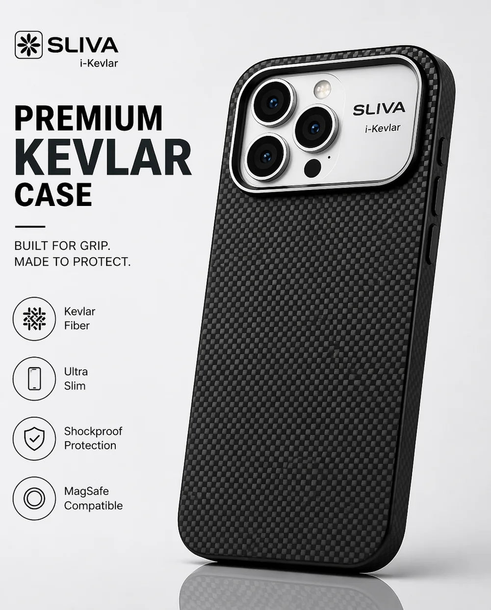 SLIVA i-Kevlar Carbon Fiber Case – Black for iPhone | Slim, Shockproof, MagSafe