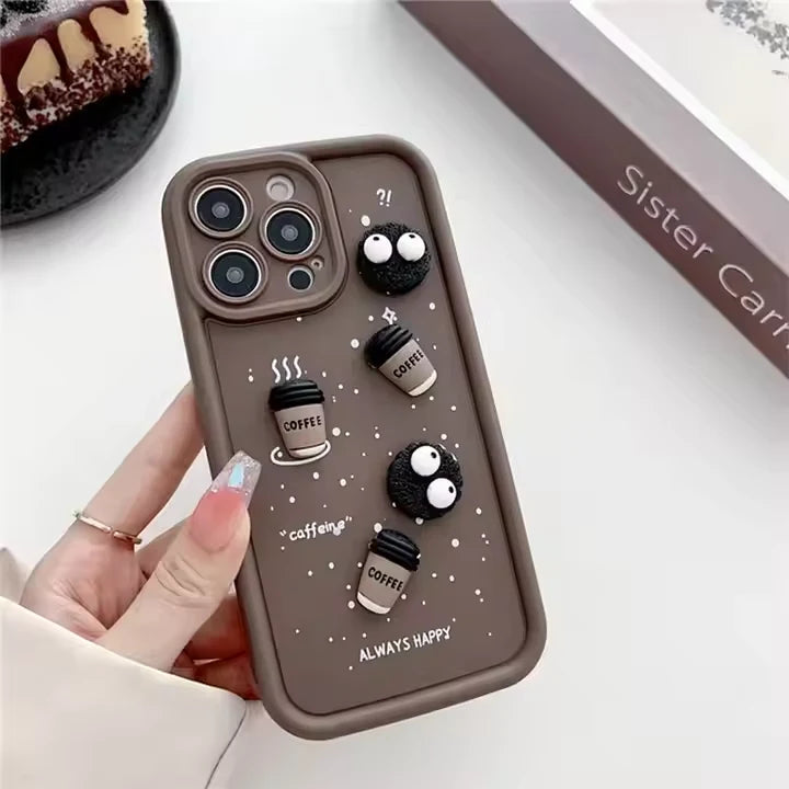 Cute Briquettes Coffee Cartoon Lens Camera Silicone Phone Case