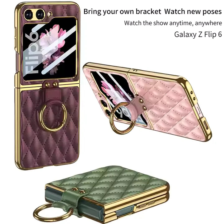 Samsung Galaxy Z Flip 6-Electroplated Leather Ring Full Lens Film Glass Case