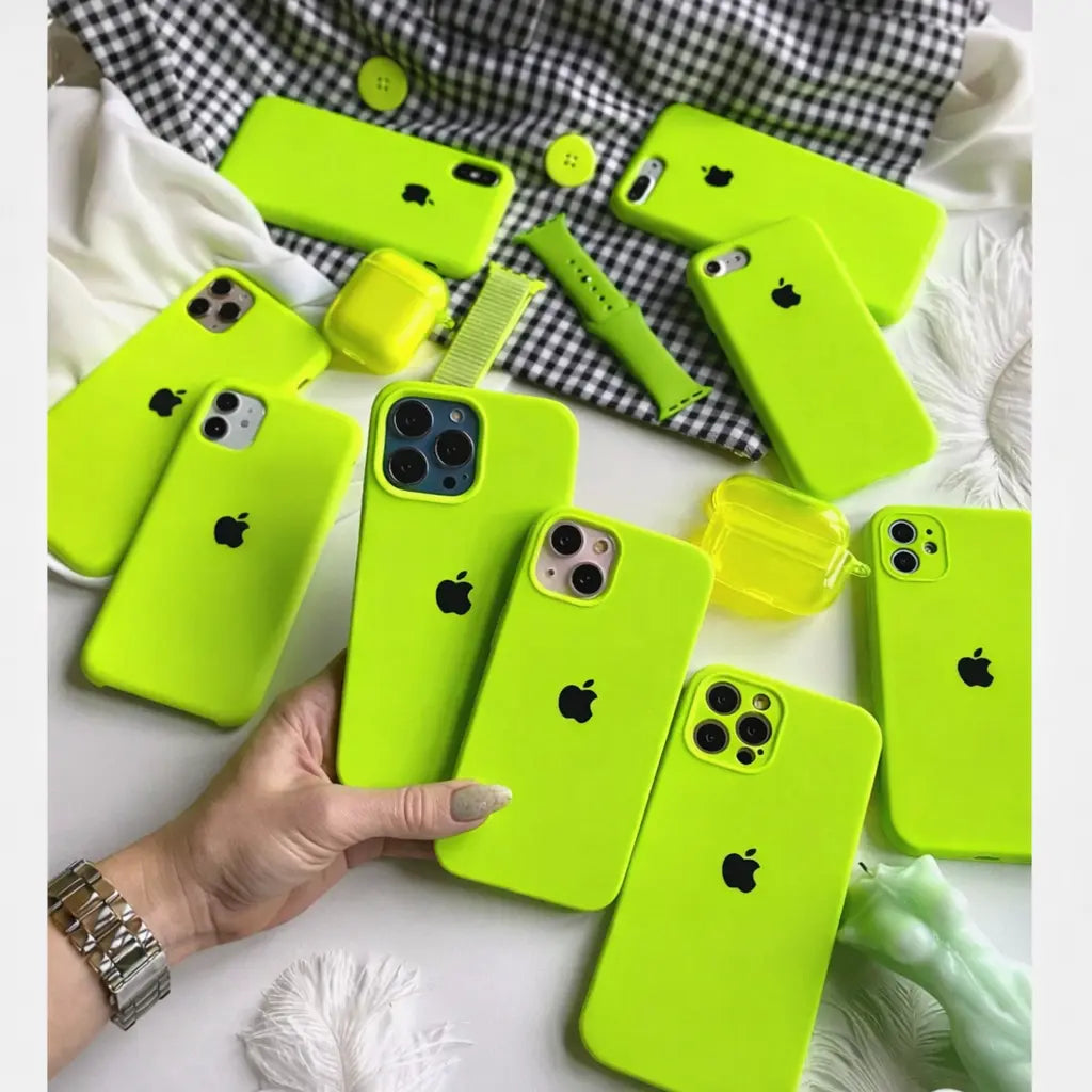 Fluorescent Green iPhone Silicone Case with Black Apple Logo | Soft-Touch Shockproof Cover