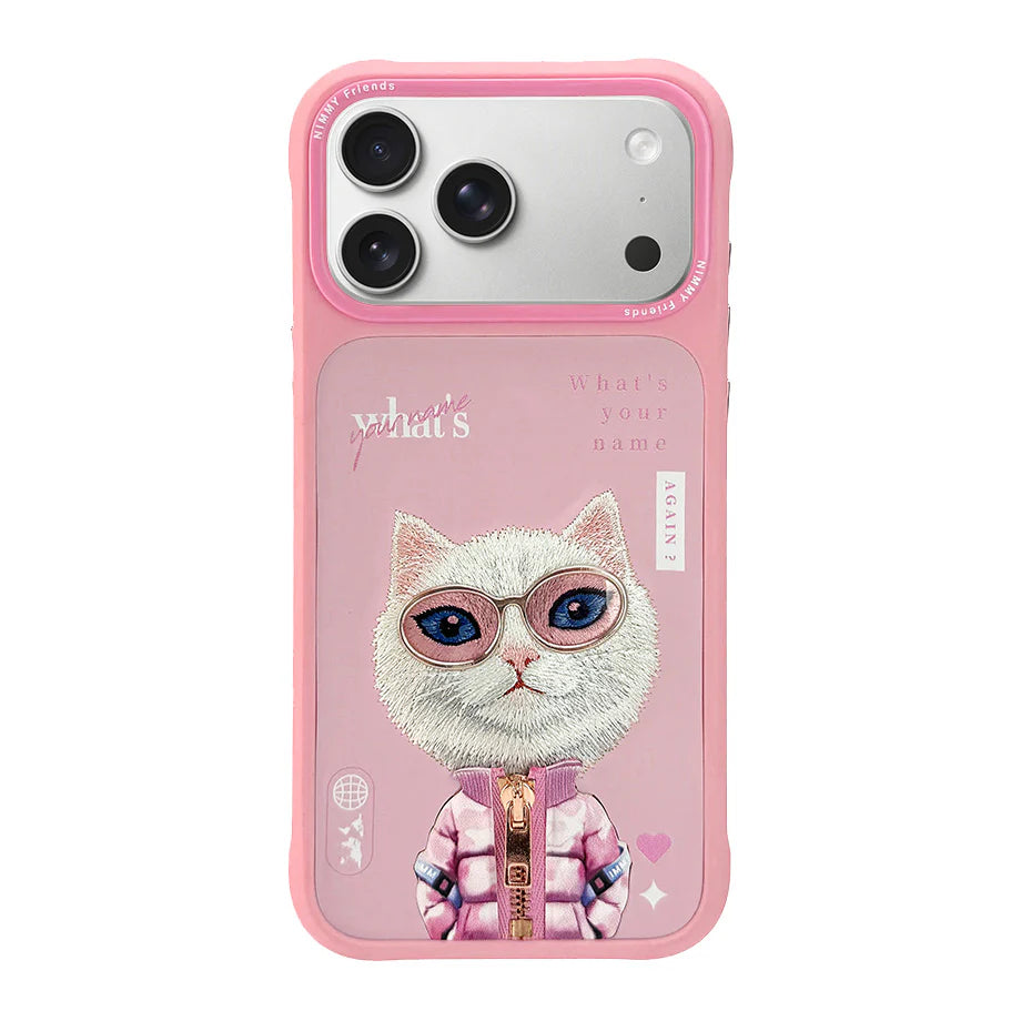 Nimmy Cute Embroidered Cat Phone Case – Pink | iPhone 17, 17 Pro & 17 Pro Max
