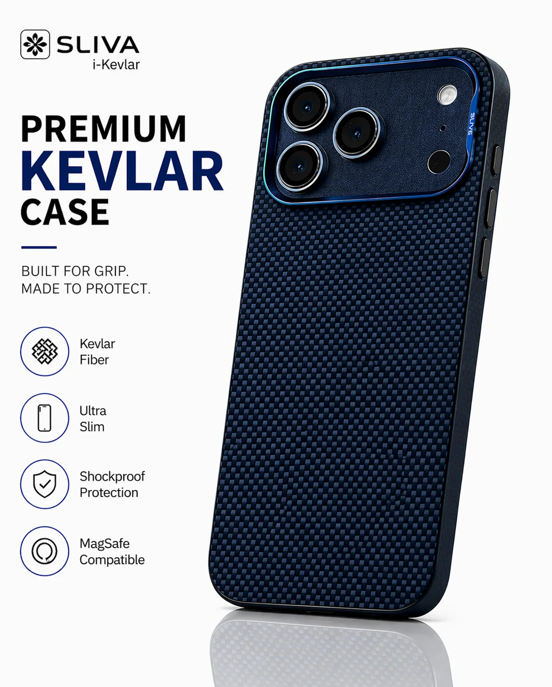 SLIVA i-Kevlar Carbon Fiber Case – Blue for iPhone | Slim, Shockproof, MagSafe