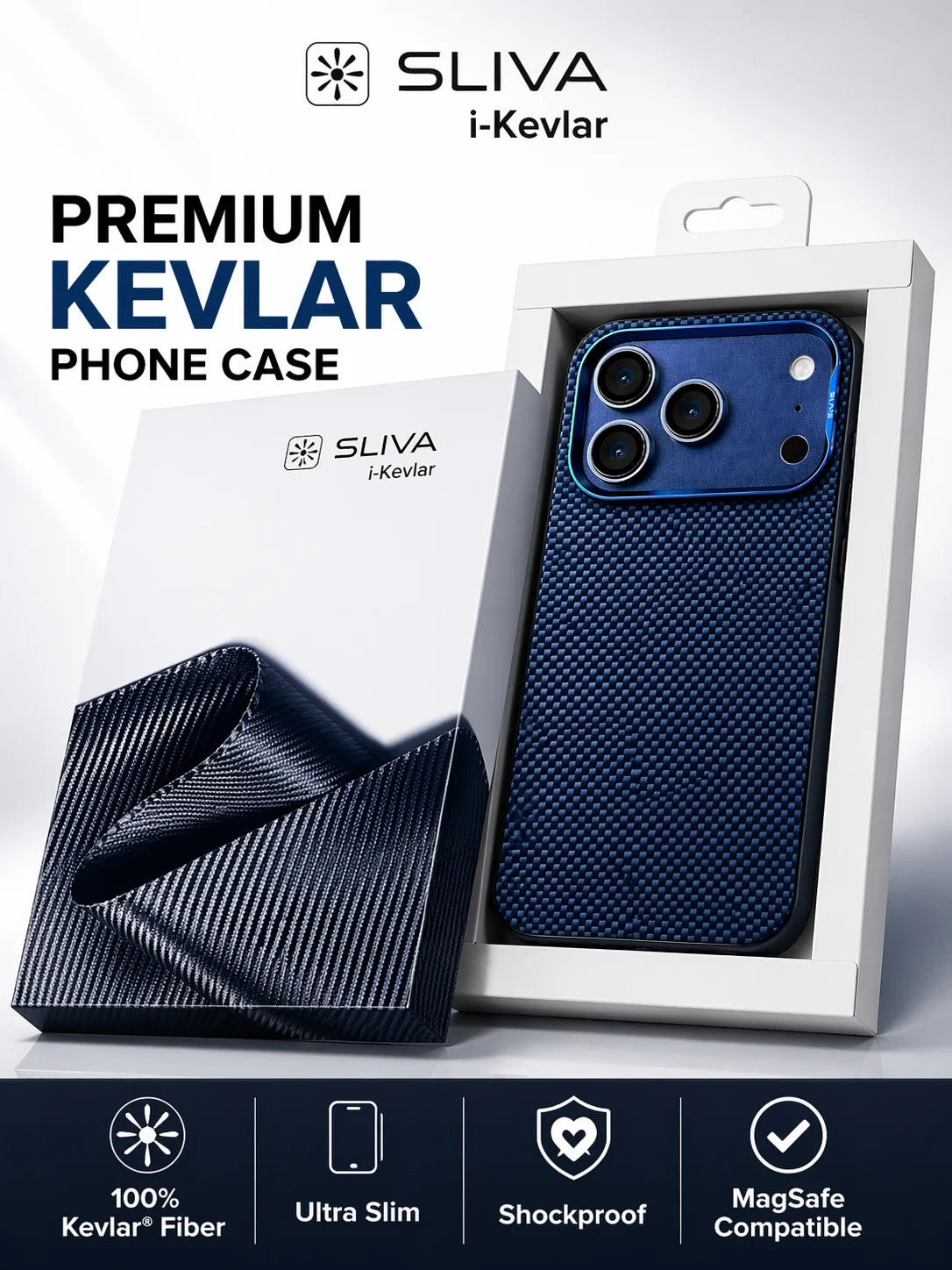 SLIVA i-Kevlar Carbon Fiber Case – Blue for iPhone | Slim, Shockproof, MagSafe