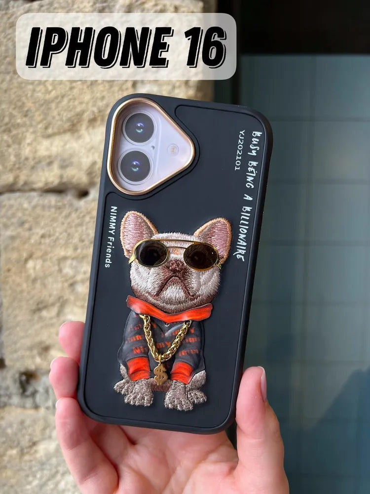 Nimmy case iPhone 16 Dog Black embroidered jacket chain cover